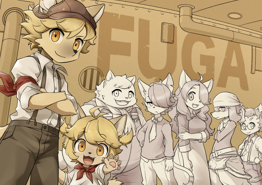 2girls, 5boys, absurdres, ahoge, armband, blonde_hair, boron_brioche, breasts, collared_shirt, commentary_request, copyright_name, cowboy_shot, ears_through_headwear, fangs, floppy_ears, from_side, furry, furry_female, glasses, hanna_fondant, highres, indoors, jin_macchiato, konazarame, kyle_bavarois, large_breasts, little_tail_bronx, long_hair, long_skirt, looking_at_viewer, malt_marzipan, mei_marzipan, multiple_boys, multiple_girls, necktie, notched_ear, open_mouth, red_armband, red_scarf, scarf, senjou_no_fuuga, sepia, sepia_background, shirt, short_hair, shorts, skirt, small_breasts, smile, socks_million, suspender_shorts, suspenders, yellow_eyes