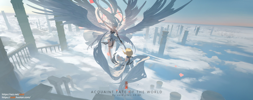 2girls, absurdres, angel_wings, arm_strap, artist_name, text_background, backlighting, bare_shoulders