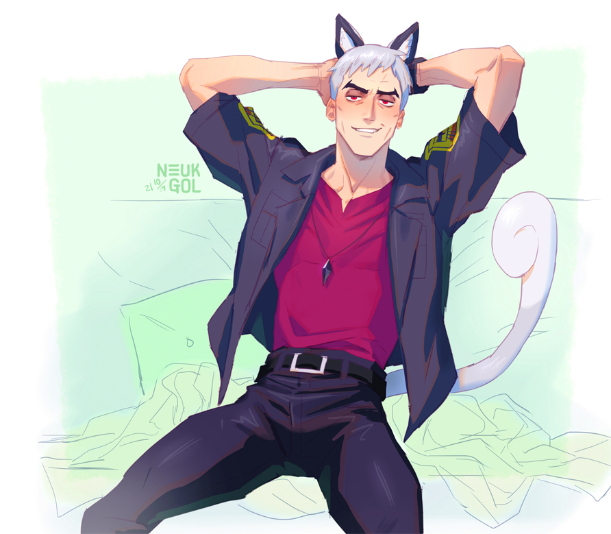 1boy, alolan_form, alolan_meowth, animal_ears, black_jacket, commentary, gen_7_pokemon, grey_hair, hands_on_own_head, hands_up, jacket, jewelry, male_focus, nanu_(pokemon), necklace, neukgol, nintendo, open_clothes, open_jacket, pants, pokemon, pokemon_sun_and_moon, pokemon_tail, red_eyes, red_shirt, shirt, short_hair, short_sleeves, smile, solo, tail
