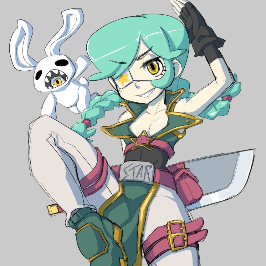 1girl, annie_(skullgirls), belt, belt_buckle, braid, breasts, buckle, cleavage