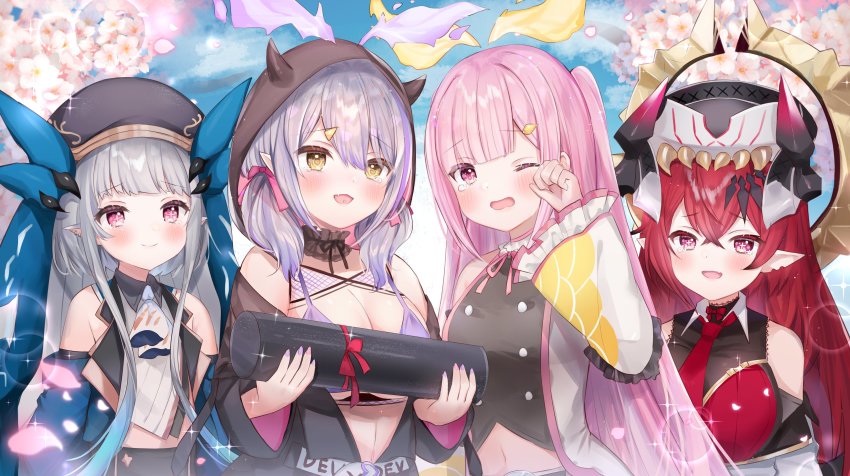 .d.i.v.a., 4girls, absurdres, akai_satan, akuno_rock, amano_oto, arm_up, ascot, bad_id, bad_pixiv_id, belt, belt_buckle, bikini, bikini_top_only, black_headwear, blue_sky, blush, breasts, buckle, buttons, cleavage, closed_mouth, cloud, cloudy_sky, commentary_request, crossed_bangs, crying, detached_sleeves, fang, flat_chest, flower, frilled_sleeves, frills, graduation, hair_between_eyes, hair_ribbon, hands_up, highres, holding, hood, hood_up, large_breasts, long_hair, long_sleeves, looking_at_another, manao_misuzu_(artist), midriff, mizuno_levi, multiple_girls, nail_polish, navel, one_eye_closed, open_mouth, outdoors, pink_eyes, pink_hair, pink_ribbon, pointy_ears, purple_bikini, purple_hair, purple_nails, red_ascot, red_hair, red_ribbon, ribbon, short_twintails, sidelocks, silver_hair, skin_fang, sky, sleeveless, smile, swimsuit, symbol-shaped_pupils, tearing_up, twintails, upper_body, virtual_youtuber, white_ascot, white_headwear, wide_sleeves, yellow_eyes