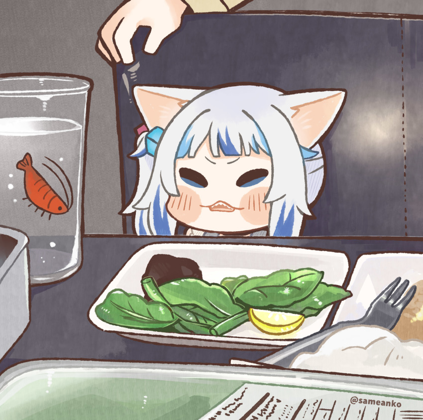 1girl, absurdres, animal_ears, blue_eyes, blue_hair, blunt_bangs, cat_ears, commentary