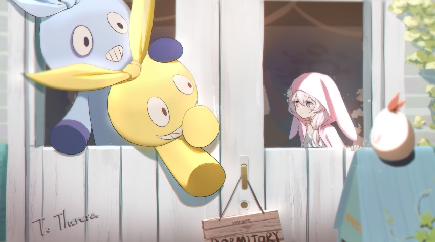 1girl, absurdres, animal_hood, bird, blue_eyes, blurry, blurry_foreground, character_name