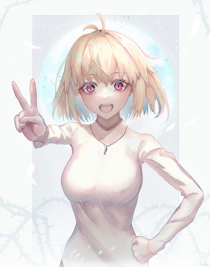 1girl, :d, absurdres, antenna_hair, arcueid_brunestud, artist_name, blonde_hair, blush