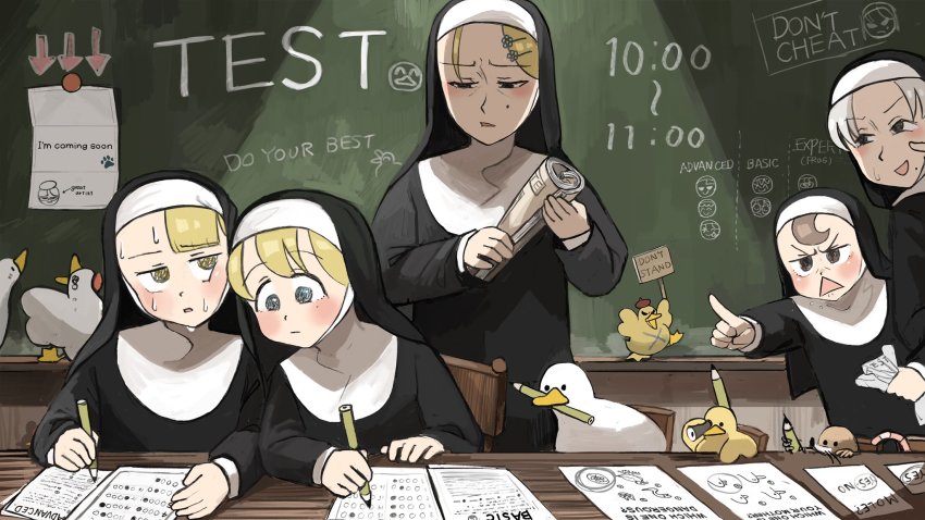 5girls, academic_test, arrow_(symbol), baby_animal, beak, beret, bird, blonde_hair