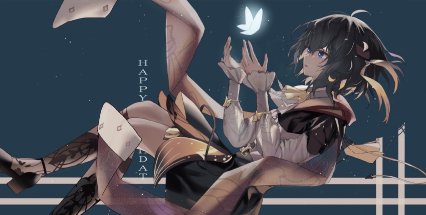 1girl, antenna_hair, blue_butterfly, blue_eyes, blue_hair, boots, brown_boots, bug