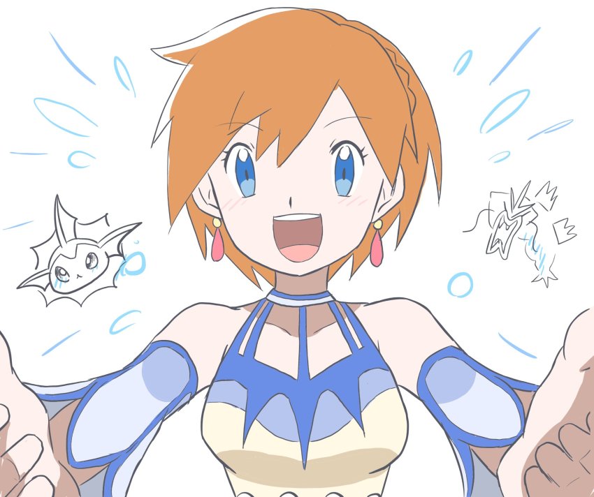 1girl, 404sllas, bare_shoulders, blue_eyes, detached_sleeves, earrings, gen_1_pokemon, gyarados, highres, jewelry, looking_at_viewer, misty_(pokemon), misty_(sygna_suit)_(pokemon), nintendo, official_alternate_costume, open_mouth, orange_hair, pokemon, pokemon_(creature), pokemon_masters_ex, shirt, short_hair, smile, solo, upper_body, vaporeon