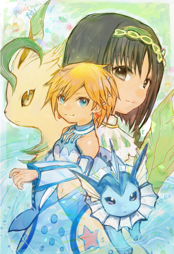 2girls, bare_shoulders, black_hair, blue_eyes, co-li, detached_sleeves, earrings, erika_(pokemon), erika_(sygna_suit)_(pokemon), eyelashes, flower, gen_1_pokemon, gen_4_pokemon, green_eyes, hair_flower, hair_ornament, jewelry, leafeon, looking_at_viewer, midriff, misty_(pokemon), misty_(sygna_suit)_(pokemon), multiple_girls, navel, nintendo, official_alternate_costume, open_mouth, orange_hair, pokemon, pokemon_(creature), pokemon_masters_ex, shirt, short_hair, skirt, user_hyre4272, vaporeon