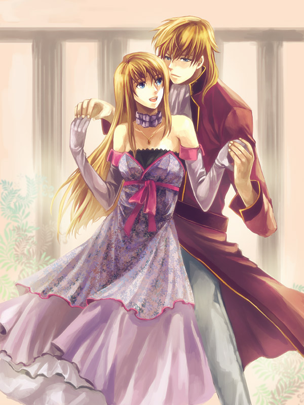 1boy, 1girl, bad_id, bad_pixiv_id, bare_shoulders, blonde_hair, brother_and_sister, choker, dancing, dress, elbow_gloves, eldigan_(fire_emblem), family_bonding, fire_emblem, fire_emblem:_genealogy_of_the_holy_war, formal_clothes, gloves, hetero, holding_hands, jewelry, kaito_(sawayakasawaday), lachesis_(fire_emblem), long_hair, nintendo, pendant, siblings, strapless, strapless_dress