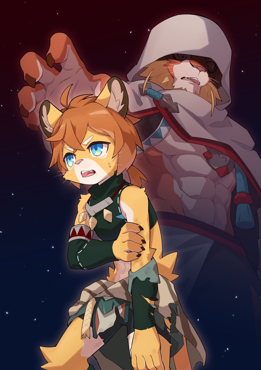 2boys, abs, absurdres, ahoge, animal_ear_fluff, animal_ears, animal_hands, animal_nose, bare_shoulders, beard, bike_shorts, blonde_hair, blue_background, blue_eyes, blue_sky, body_fur, bruise, cape, claws, crop_top, crossed_bangs, detached_sleeves, dirty, dirty_clothes, facial_hair, fangs, furry, furry_male, green_shirt, green_sleeves, hand_up, highres, hand_on_own_arm, hood, hood_up, hooded_cape, injury, jewelry, jpeg_artifacts, kabo_(kabo_lab), lion_boy, lion_ears, lion_tail, loincloth, looking_at_another, magnos_(world_flipper), male_focus, multiple_boys, necklace, night, open_mouth, orange_hair, outdoors, outline, pectorals, ponytail, reaching, shirt, short_hair, sidelocks, sky, sleeveless, sleeveless_shirt, snout, standing, star_(sky), starry_sky, tail, teeth, theo_(world_flipper), torn_bike_shorts, torn_clothes, torn_loincloth, torn_sleeves, two-tone_fur, v-shaped_eyebrows, whiskers, white_cape, white_fur, world_flipper, yellow_eyes, yellow_fur