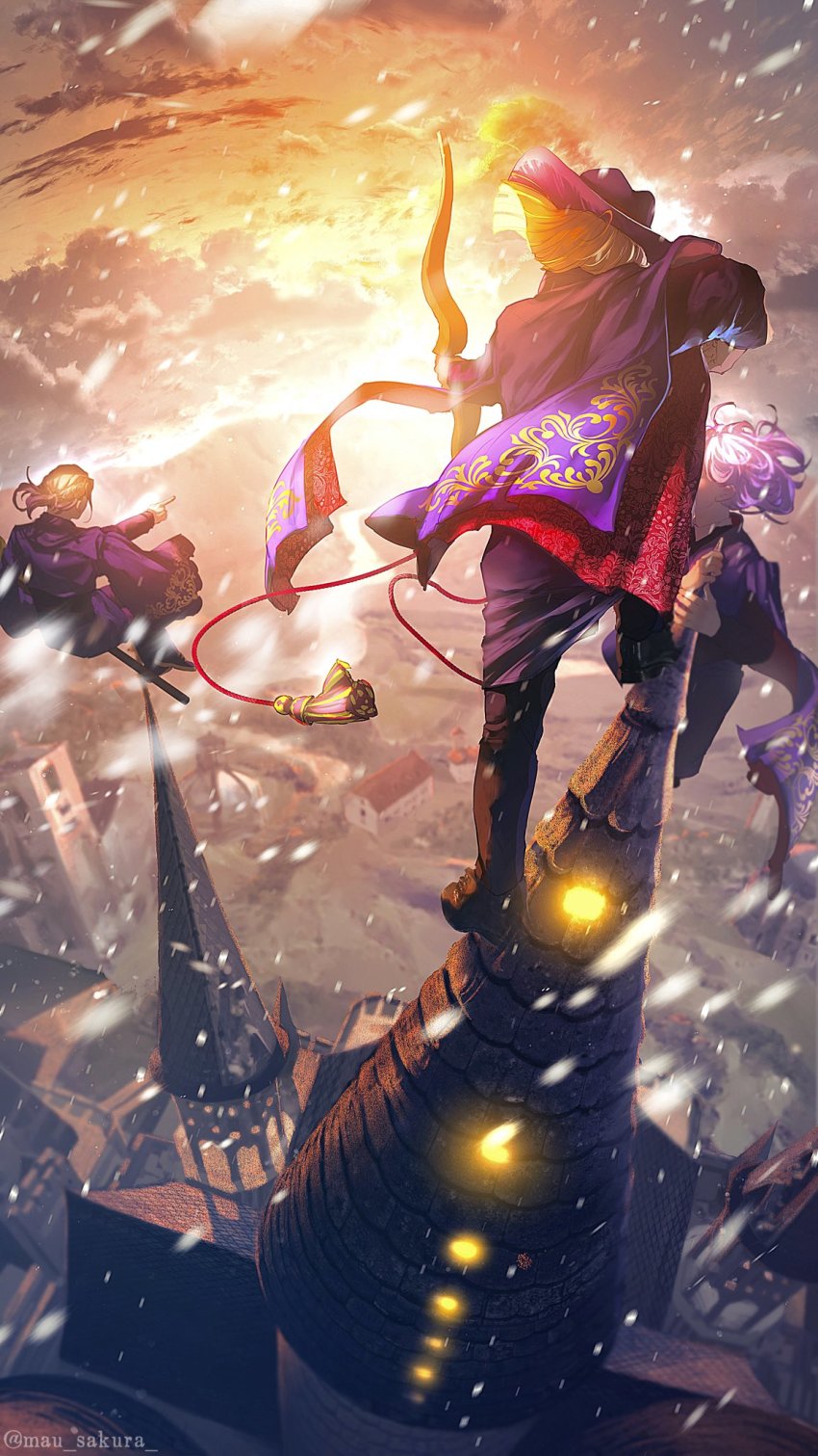 3boys, back, black_pants, blonde_hair, bow_(weapon), broom, broom_riding, cape