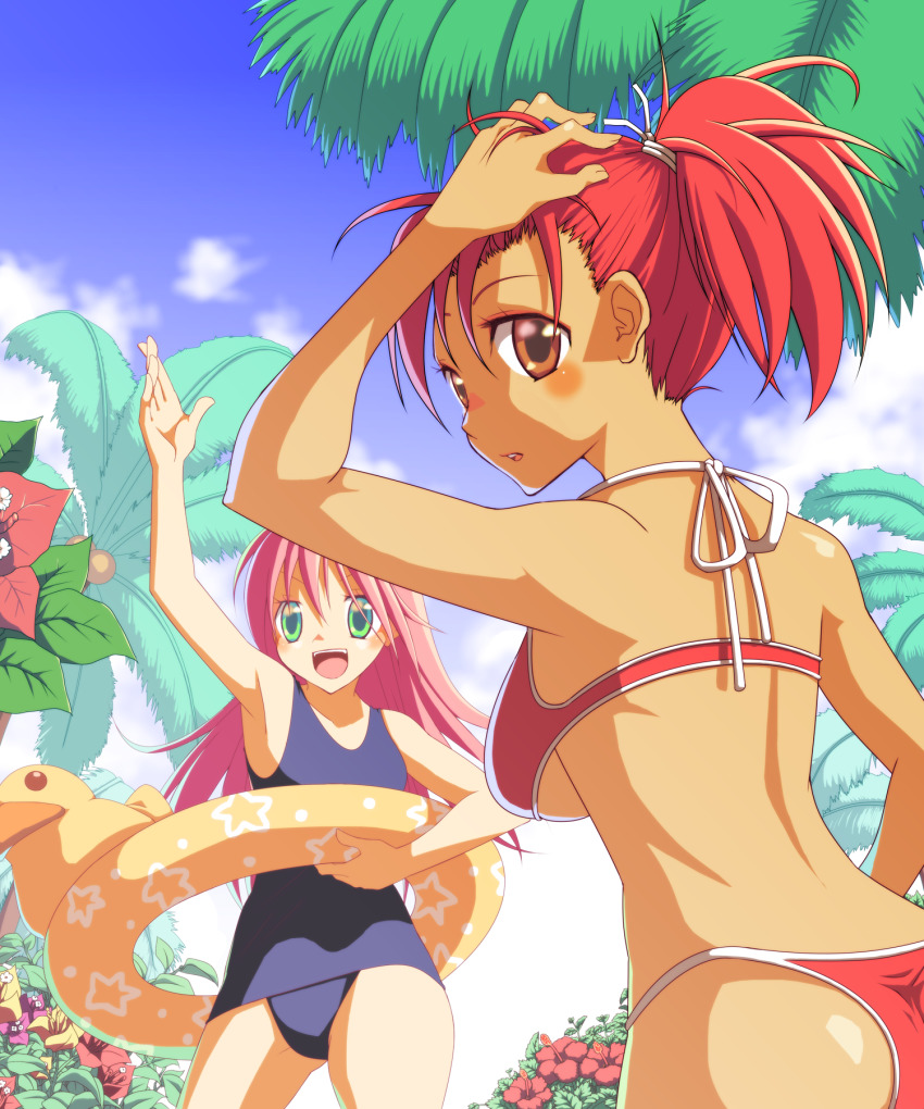 2girls, arm_up, armpits, azpainter_(medium), bikini, blue_one-piece_swimsuit, blue_sky, blush