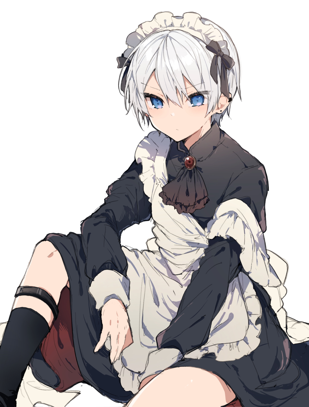 1boy, apron, ascot, between_legs, black_ascot, black_dress, black_ribbon, black_socks