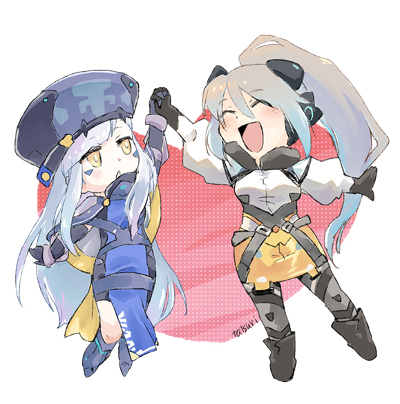 2girls, ^_^, arm_up, artist_name, bad_id, bad_pixiv_id, baretta_(world_flipper), black_footwear