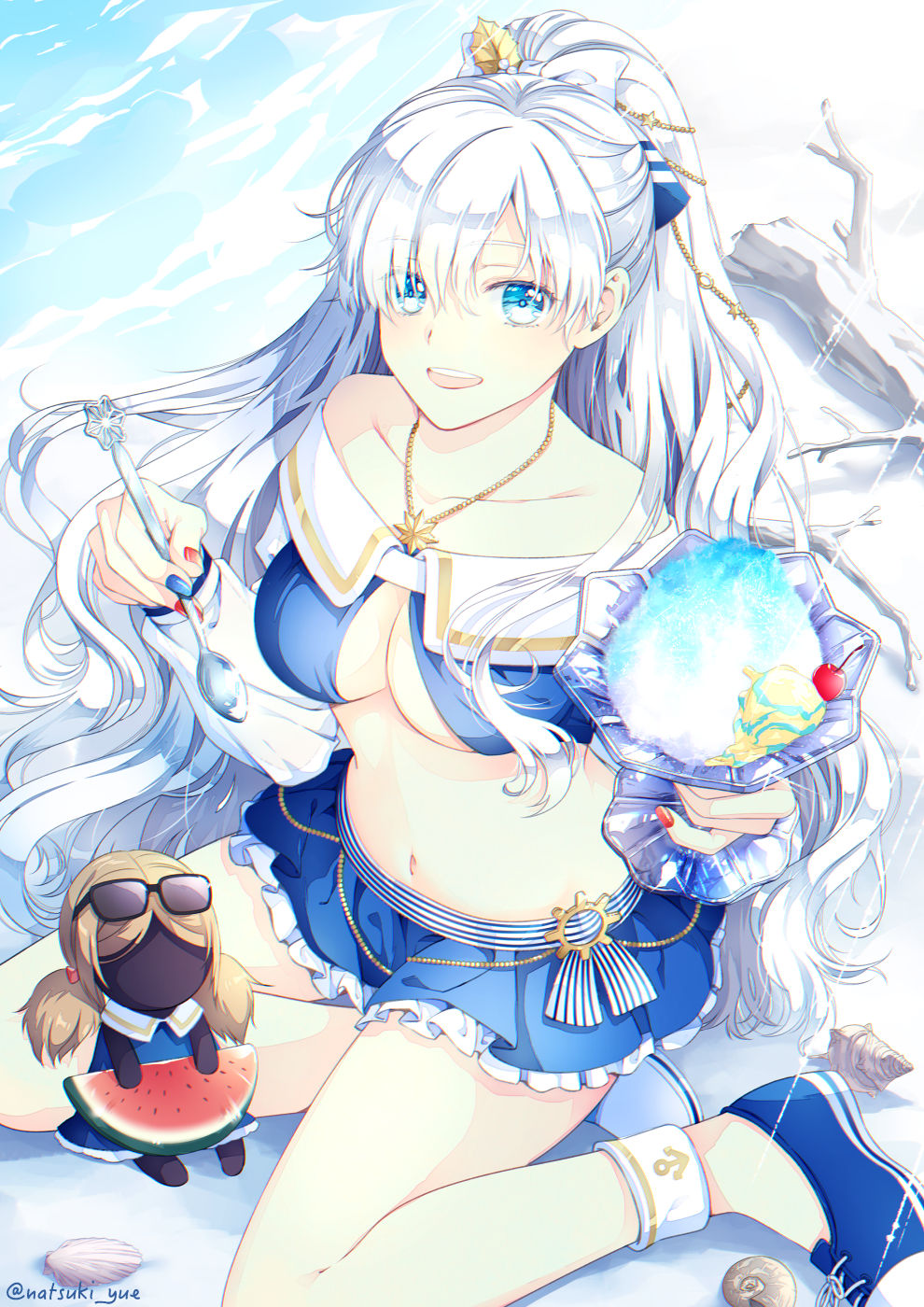 1girl, :d, anastasia_(fate), anastasia_(swimsuit_archer)_(third_ascension)_(fate), beach, bikini, bikini_skirt, blue_eyes, collarbone, doll, fate/grand_order, fate_(series), food, fruit, highres, holding, jewelry, looking_at_viewer, nail_polish, navel, open_mouth, pendant, ponytail, seashell, shaved_ice, shell, silver_hair, sitting, smile, spoon, sunglasses, swimsuit, teeth, upper_teeth_only, viy_(fate), wariza, watermelon, watermelon_slice, yue_natsuki