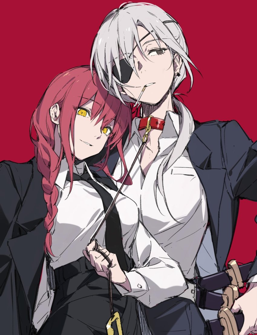 2girls, bdsm, black_necktie, black_suit, braid, braided_ponytail, breasts, brown_hair, business_suit, chainsaw_man, cigarette, collar, couple, ear_piercing, earrings, eyepatch, femdom, formal_clothes, height_difference, highres, jewelry, leash, leash_pull, light_smile, long_hair, long_jacket, looking_at_viewer, makima_(chainsaw_man), medium_breasts, multiple_girls, necktie, oyo_hitsuji, piercing, ponytail, quanxi_(chainsaw_man), ringed_eyes, shirt_tucked_in, slave, smile, smoking, suit, sword, weapon, white_hair, yellow_eyes, yuri