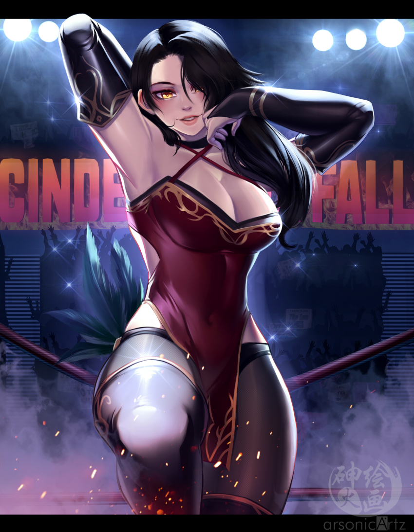 1girl, absurdres, arm_behind_head, arsonichawt, artist_name, black_hair, blush, boots, breasts, bridal_gauntlets, character_name, choker, cinder_fall, cleavage, covered_navel, detached_sleeves, dress, english_text, fishnet_pantyhose, fishnets, hair_over_one_eye, hand_on_own_face, highres, huge_filesize, japanese_text, long_hair, looking_at_viewer, pantyhose, rwby, short_dress, solo, thigh_boots, thighhighs, wide_hips, wrestling_outfit, wrestling_ring, yellow_eyes