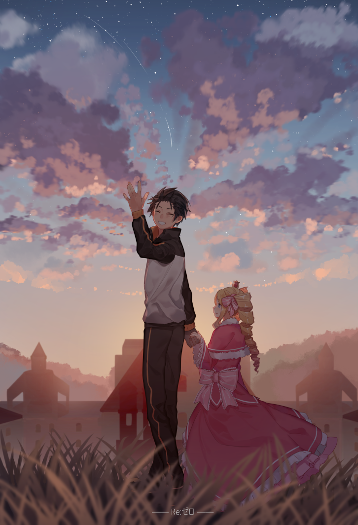 :d, ^_^, arm_up, beatrice_(re:zero), black_hair, blonde_hair, capelet, closed_eyes, cloud, drill_hair, fur-trimmed_capelet, fur_trim, grin, hair_slicked_back, kiruri_(mimosayoshi), natsuki_subaru, open_mouth, re:zero_kara_hajimeru_isekai_seikatsu, ribbon, scenery, shooting_star, sky, smile, star_(sky), starry_sky, track_suit, twin_drills, waving