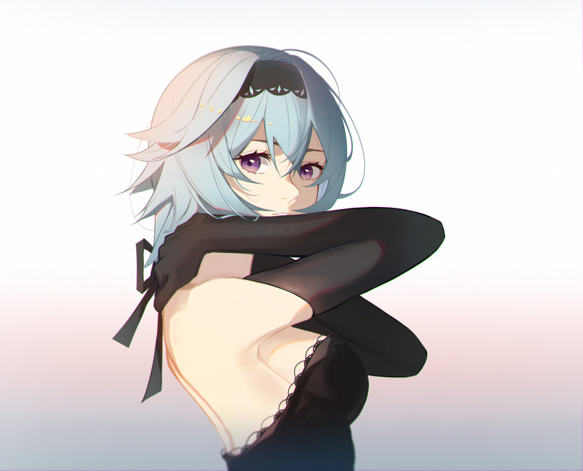 1girl, alternate_costume, backless_dress, backless_outfit, black_dress, black_gloves, black_hairband, blue_hair