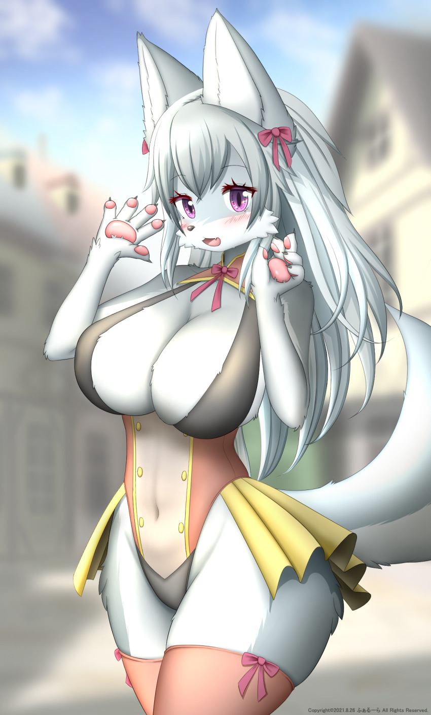 1girl, animal_ear_fluff, animal_ears, animal_hands, bare_shoulders, belly, blush, breasts