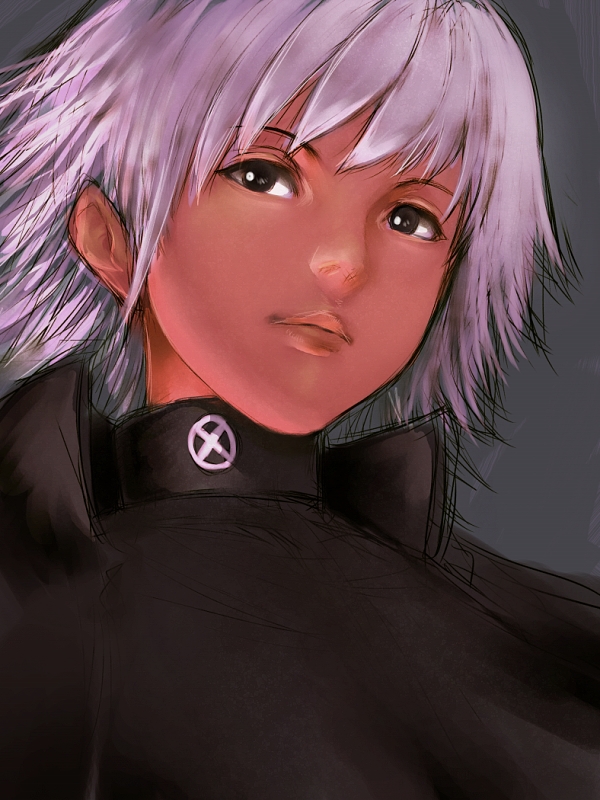 1girl, animification, black_eyes, dark-skinned_female, dark_skin, female_focus, fumio_(rsqkr), marvel, non-web_source, portrait, short_hair, silver_hair, solo, storm_(x-men), x-men, x-men_(2000), x-men_film_series