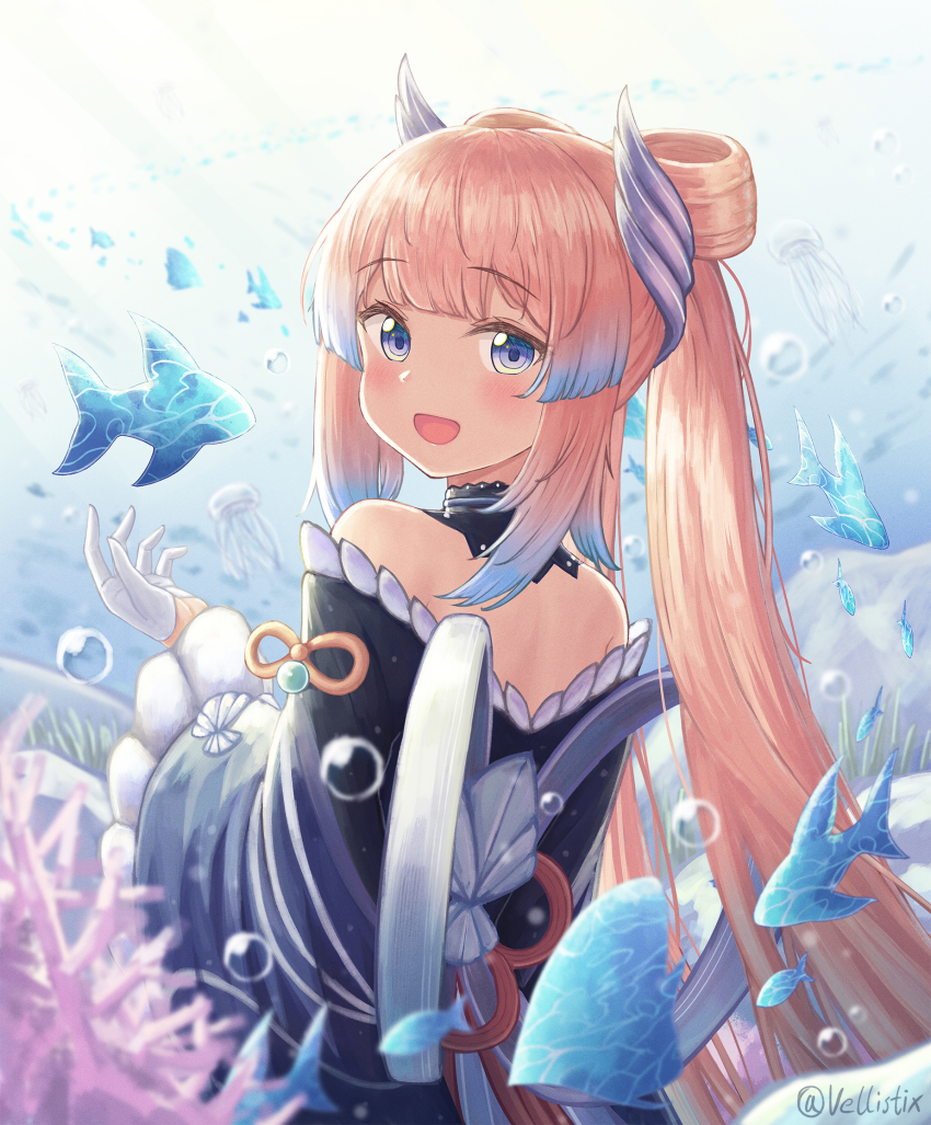 1girl, blue_eyes, blush, coral_reef, fish, frilled_sleeves, frills, genshin_impact