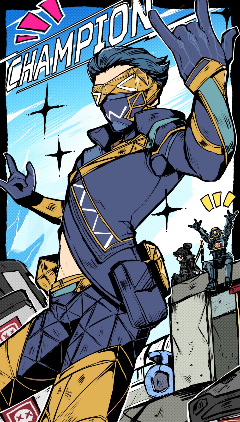 >_<, animification, apex_legends, black_bodysuit, black_hair, blue_gloves, blue_hair, blue_jacket