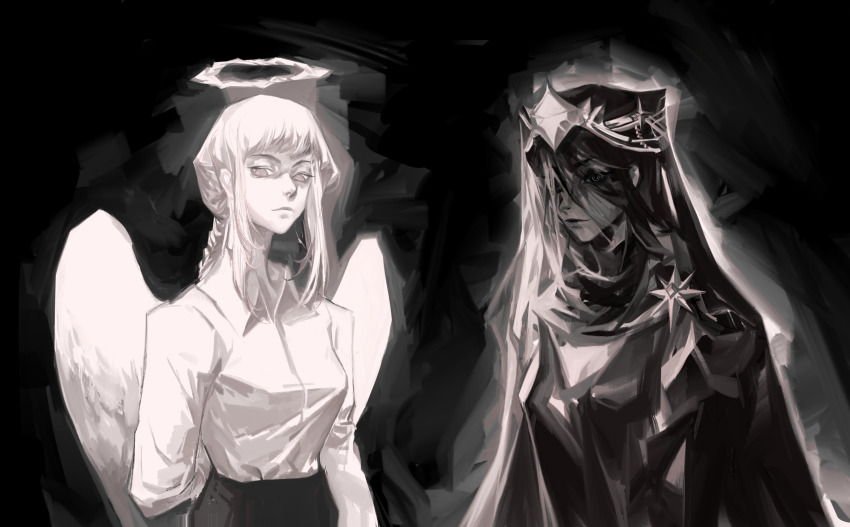 2girls, angel_wings, arm_behind_back, black_background, black_pants, black_veil, braid, braided_ponytail, breasts, chainsaw_man, chinese_commentary, cleavage, commentary_request, crossover, evernight_goddess, halo, highres, long_hair, looking_down, lord_of_the_mysteries, makima_(chainsaw_man), misty922, multiple_girls, pants, shirt, smile, veil, white_shirt, white_wings, wings