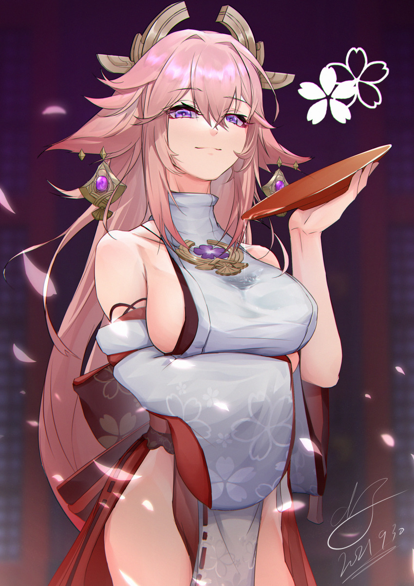 1girl, absurdres, blurry, breasts, dated, depth_of_field, dun_ji, genshin_impact