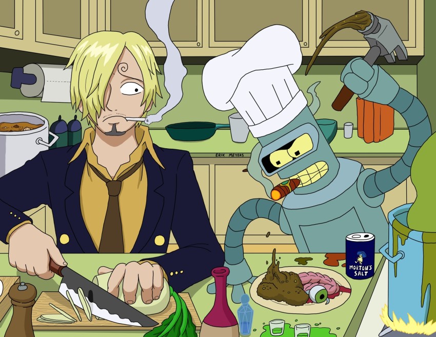 bender_bending_rodriguez, blonde_hair, cooking, crossover, futurama, highres, one_piece, robot