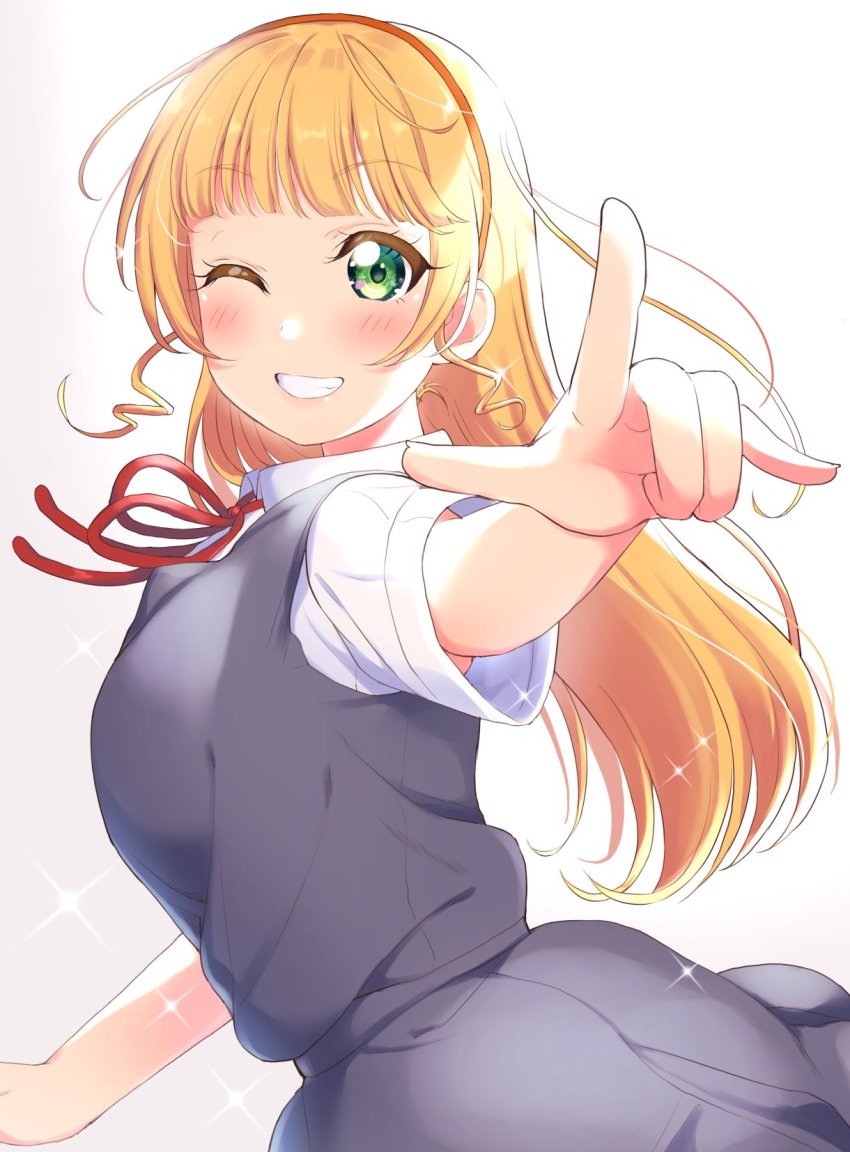 1girl, berisuno_(beriberi0707), blonde_hair, blunt_bangs, blush, collared_shirt, cowboy_shot, dress