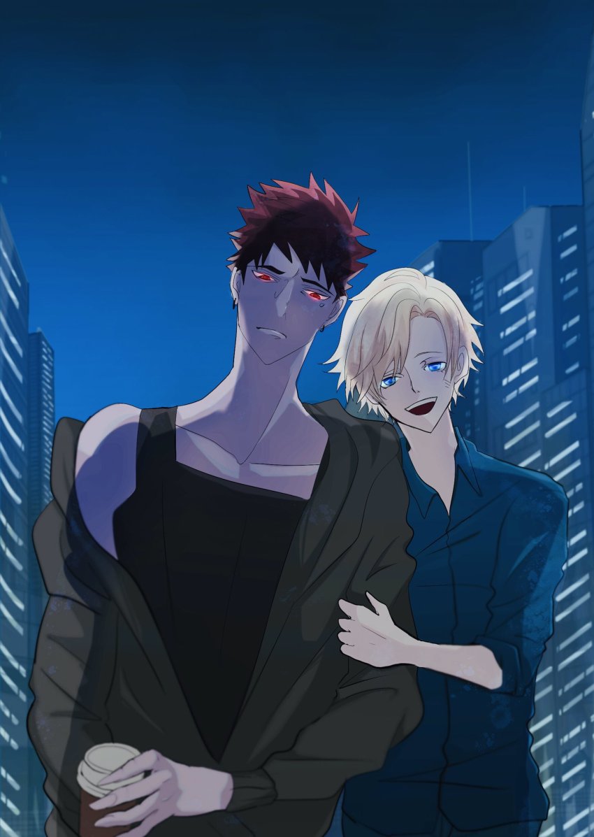 2boys, aeka_(0ameiro0), birthmark, blonde_hair, blue_eyes, colored_skin, cup, disposable_coffee_cup, disposable_cup, glalda, highres, holding, holding_cup, hood, kurda_smahlt, multiple_boys, night, purple_skin, red_eyes, red_hair, scar, scar_on_face, short_hair, sky, smile, tank_top, the_saga_of_darren_shan, yaoi