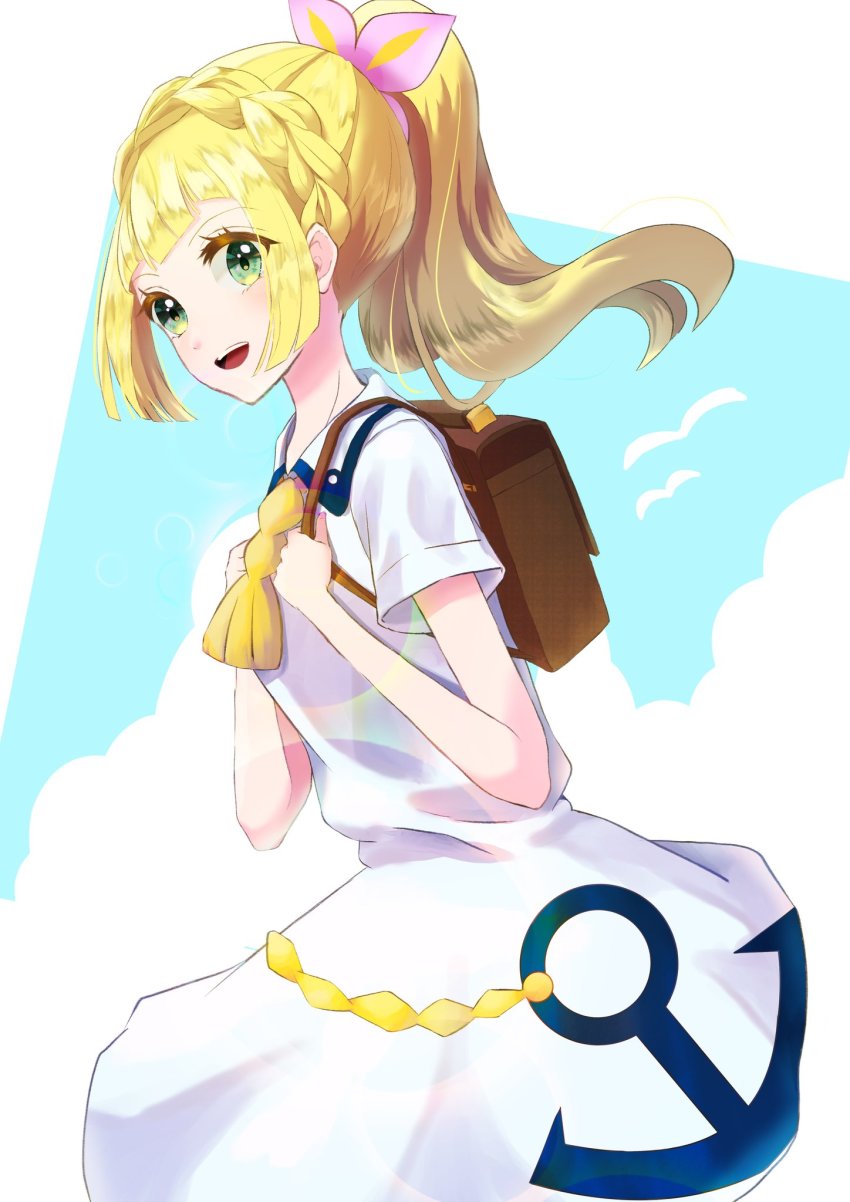 1girl, backpack, bag, blonde_hair, chloe_(pokemon), chloe_(pokemon)_(cosplay), cosplay, cowboy_shot