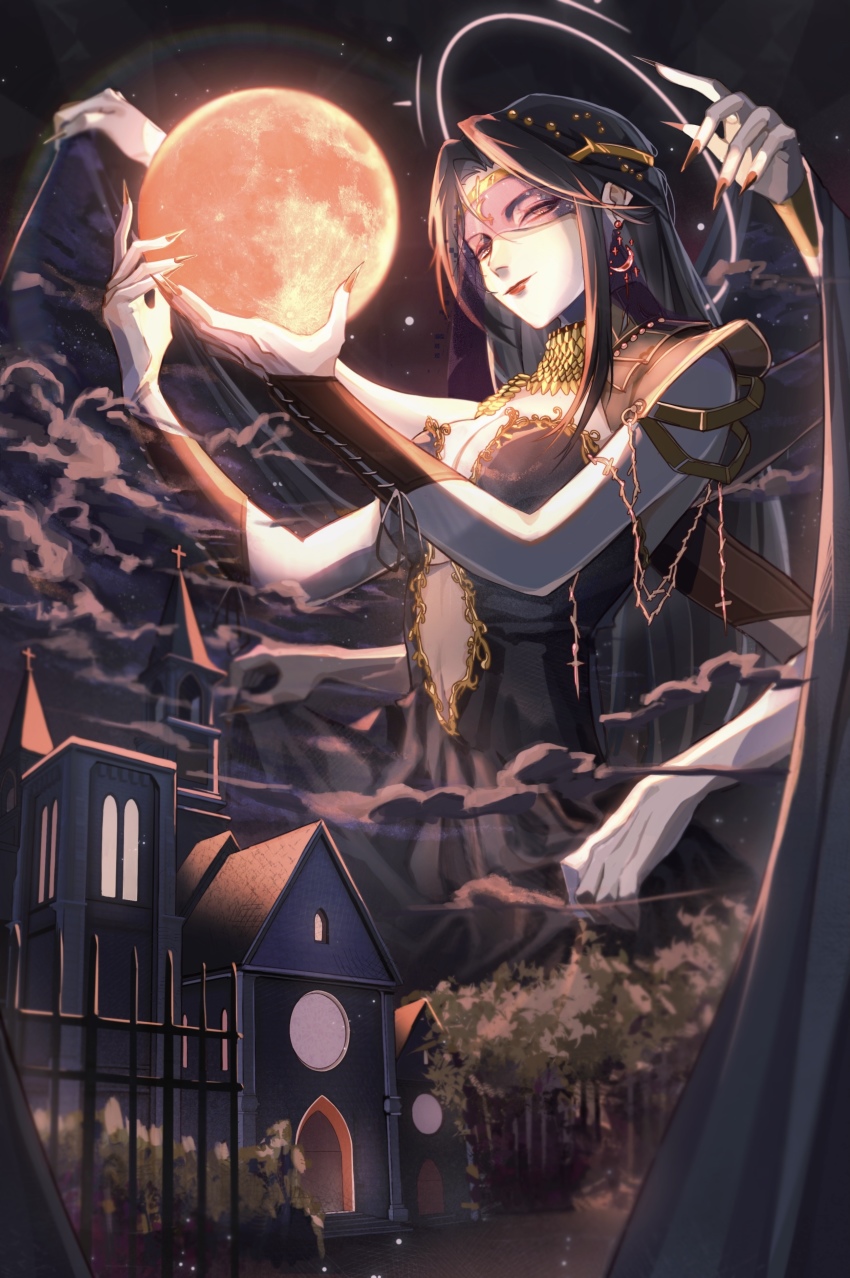 1girl, absurdres, bare_pectorals, black_dress, black_eyes, black_hair, black_veil, bracer