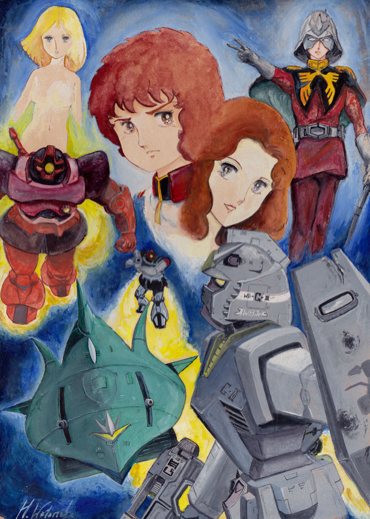 2boys, 2girls, al_cuzco, amuro_ray, artist_request, blonde_hair, brown_hair, char_aznable