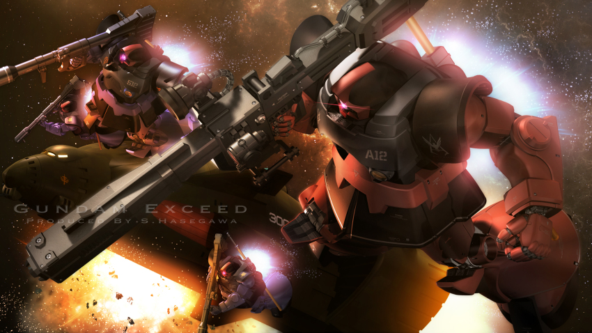 3d, artist_name, english_text, explosion, gundam, highres, mecha, mecha_focus, mobile_suit_gundam, no_humans, rick_dom, rick_dom_char_custom, robot, rocket_launcher, s.hasegawa, space, spacecraft, weapon, zanzibar_(mobile_armor)