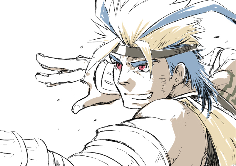 1boy, antenna_hair, arms_up, bad_id, bad_pixiv_id, barak_(world_flipper), bare_shoulders, black_headband