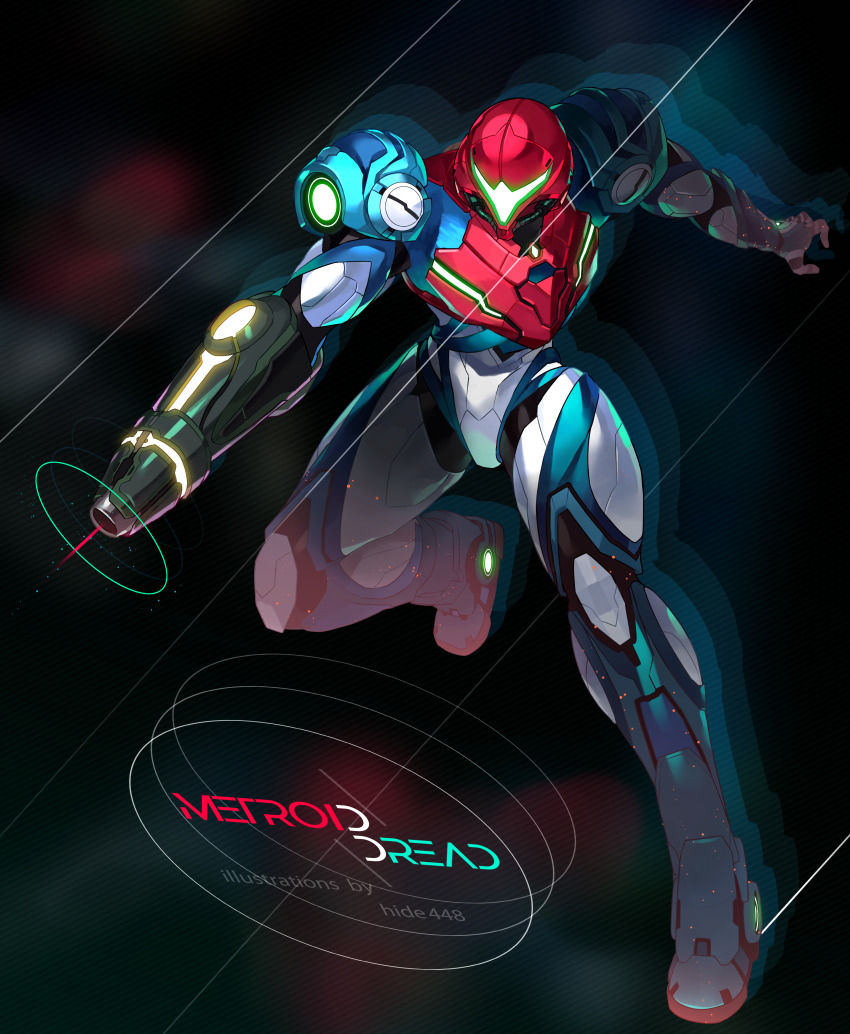 1girl, absurdres, arm_cannon, armor, english_text, faded_limb, from_above, full_body, helmet, hide448, highres, jumping, laser, laser_pointer_projection, laser_sight, lights, metroid, metroid_dread, nintendo, normal_suit_(metroid), power_armor, power_suit_(metroid), samus_aran, simple_background, solo, weapon, white_armor, wide_shot