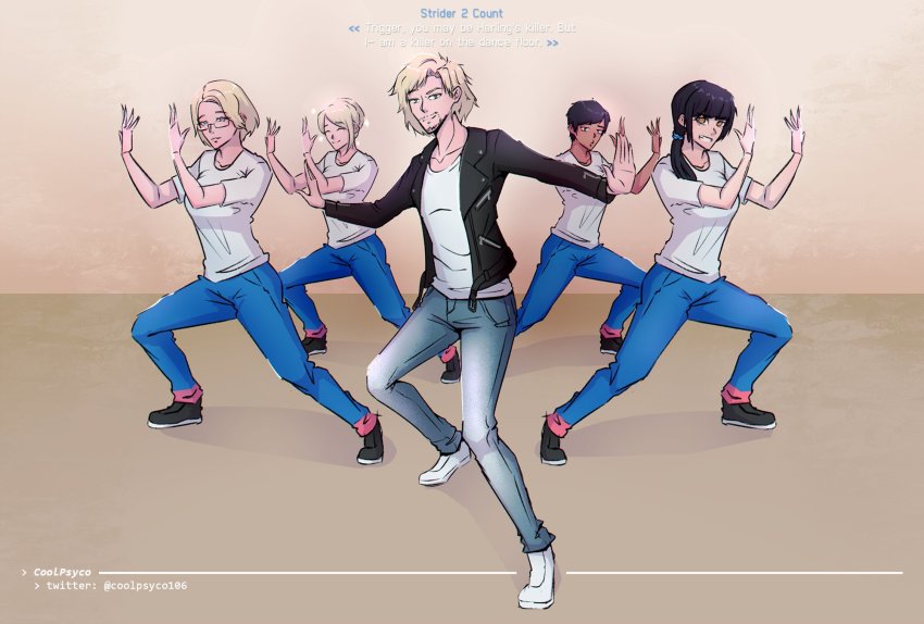 1boy, 4girls, ace_combat, ace_combat_7, avril_mead, beard, black_hair, black_jacket, blonde_hair, blue_eyes, brown_eyes, commentary, coolpsyco, cosplay, count_(ace_combat_7), dancing, dark-skinned_female, dark_skin, deanna_mconie, denim, english_commentary, english_text, facial_hair, greg_chun, highres, huxian, jacket, jeans, judge_eyes, lost_judgment, multiple_girls, pants, parody, rosa_cossette_d'elise, shirt, short_sleeves, voice_actor_connection, white_shirt, yagami_takayuki, yagami_takayuki_(cosplay)