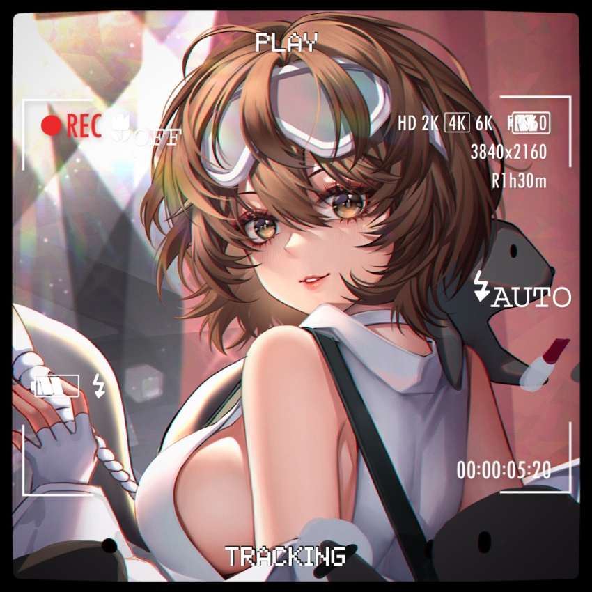 1girl, animal, animal_on_shoulder, arknights, bare_shoulders, black_border, border, breasts