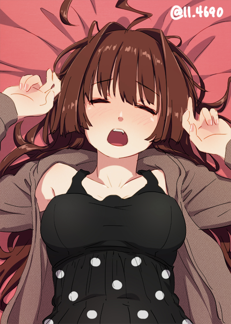 1girl, 4690_(tkpbsk), ahoge, bed, black_dress, breasts, brown_eyes, commentary_request, dress, facing_viewer, huge_ahoge, jacket, kantai_collection, kuma_(kancolle), kuma_(valentine)_(kancolle), long_hair, lying, medium_breasts, official_alternate_costume, open_mouth, polka_dot, polka_dot_dress, red_jacket, solo, teeth, twitter_username, upper_body, upper_teeth_only