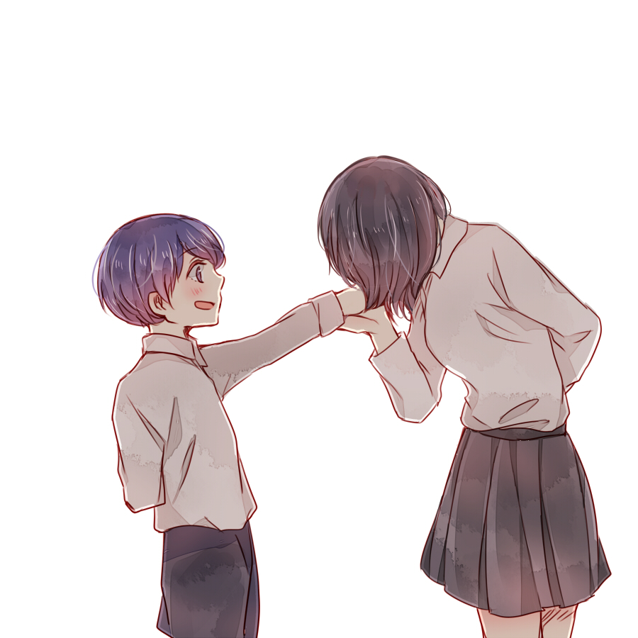 1boy, 1girl, :d, aged_down, bad_id, bad_pixiv_id, black_pants, black_skirt, blush, child, from_side, grey_shirt, hair_over_eyes, hair_over_face, hetero, kanae_von_rosewald, kiss, kissing_hand, kotochi_re, looking_at_another, open_mouth, pants, pleated_skirt, shirt, shirt_tucked_in, short_hair, skirt, smile, tokyo_ghoul, tsukiyama_shuu