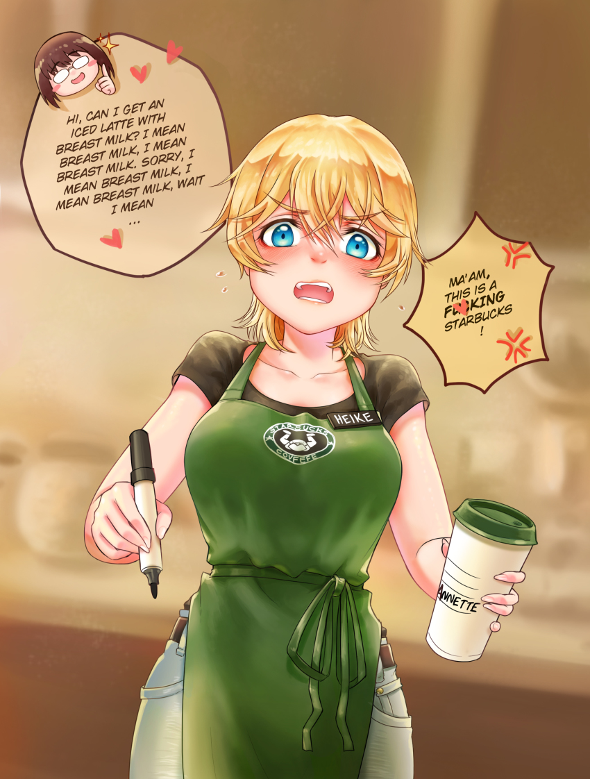 2girls, absurdres, angry, anh_thuy, apron, black_shirt, blonde_hair, blue_eyes, blurry, blurry_background, blush, blush_stickers, bob_cut, brand_name_imitation, breasts, brown_hair, cafe, coffee, collarbone, cup, darun_khanchanusthiti, denim, disembodied_head, disposable_coffee_cup, disposable_cup, dutch_angle, embarrassed, english_text, frown, glasses, green_apron, heart, heart_sticker, heike_grislawski, highres, holding, holding_cup, iced_latte_with_breast_milk_(meme), jeans, large_breasts, looking_at_viewer, marker, meme, multiple_girls, name_tag, open_mouth, original, pants, profanity, purple_eyes, shiny_skin, shirt, short_hair, shy, speech_bubble, standing, starbucks, sticker, sweat, waitress