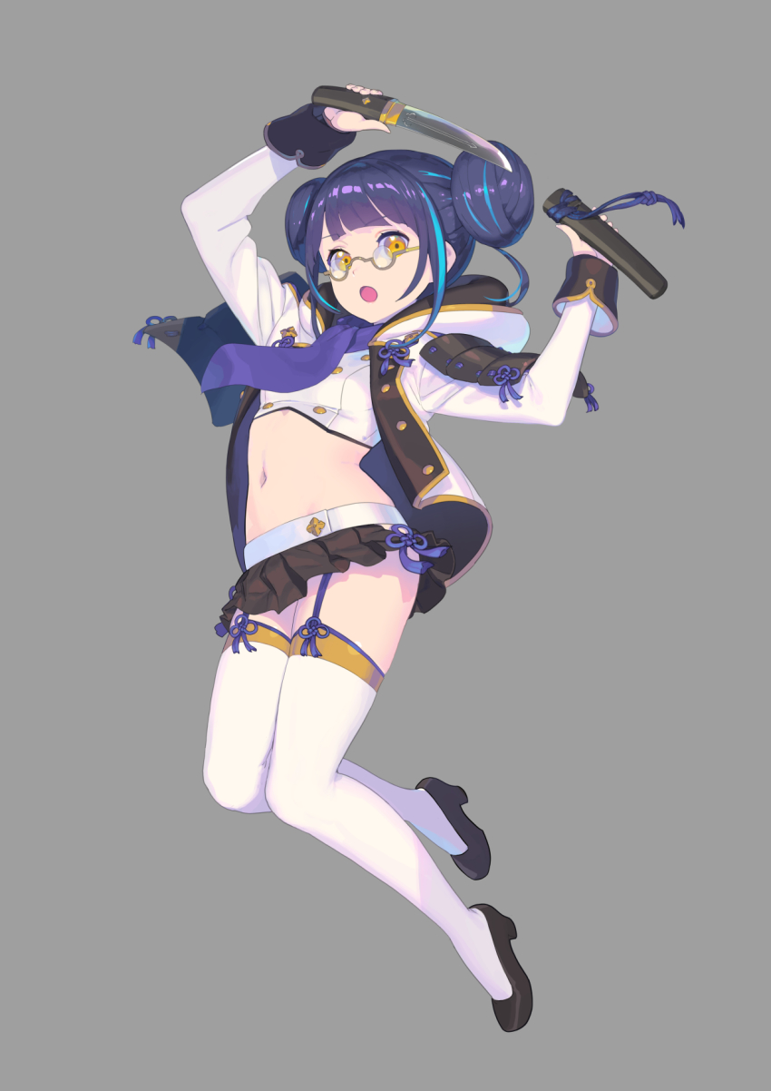 1girl, :o, armor, black_footwear, blunt_bangs, buttons, dagger, dot_nose, double-breasted, enkyo_yuuichirou, flower_knot, full_body, garter_straps, glasses, grey_background, hands_up, high_heels, highres, holding, holding_dagger, holding_knife, holding_sheath, holding_weapon, horinuki_masamune, jacket, japanese_armor, knife, looking_at_viewer, midriff, miniskirt, multicolored_hair, navel, necktie, official_art, open_clothes, open_jacket, open_mouth, pleated_skirt, round_eyewear, semi-rimless_eyewear, sheath, short_sword, shoulder_armor, simple_background, skirt, sode, solo, streaked_hair, sword, tantou, tassel, tenka_hyakken, thighhighs, under-rim_eyewear, unsheathing, weapon, white_jacket, white_thighhighs, yellow_eyes