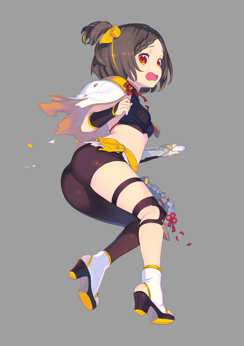 1girl, armor, ass, bow, braid, braided_bangs, breasts, broken_armor, capelet, dagger, enkyo_yuuichirou, flower_knot, full_body, grey_background, grey_hair, hair_bow, high_heels, highres, holding, holding_dagger, holding_knife, holding_weapon, houchou_masamune, knee_pads, knife, looking_at_viewer, medium_hair, multicolored_hair, neckerchief, official_art, one_side_up, open_mouth, red_eyes, reverse_grip, short_sword, simple_background, single_knee_pad, single_leg_pantyhose, small_breasts, solo, stirrup_footwear, streaked_hair, sword, tantou, tenka_hyakken, torn_capelet, torn_clothes, vambraces, weapon, white_bow, white_capelet, wide-eyed, yellow_neckerchief