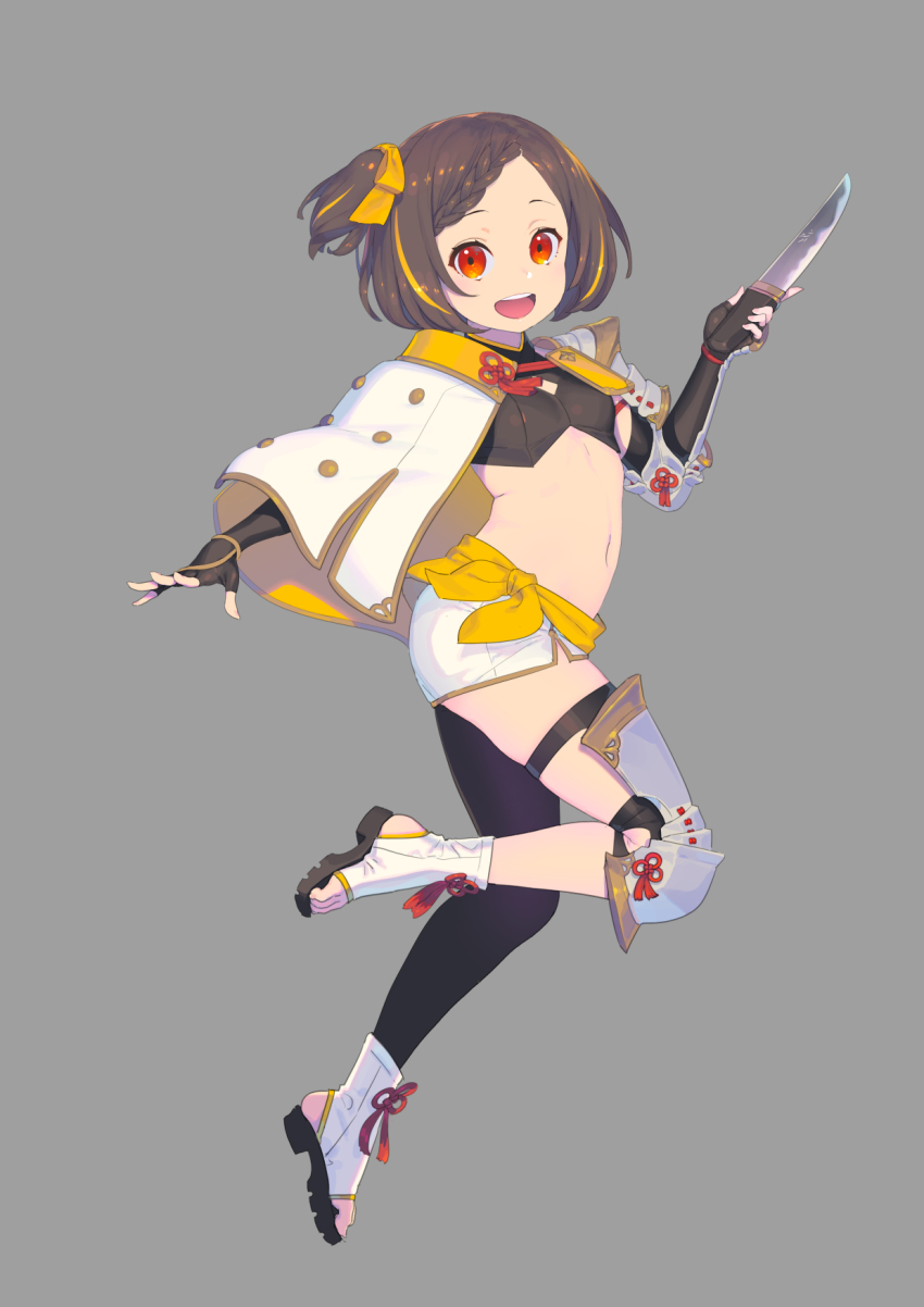 1girl, :d, armor, black_gloves, bow, braid, braided_bangs, breasts