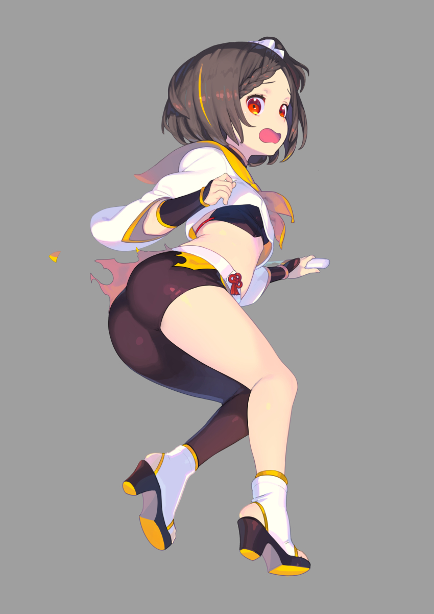 1girl, ass, bow, braid, braided_bangs, breasts, cropped_shirt, dagger