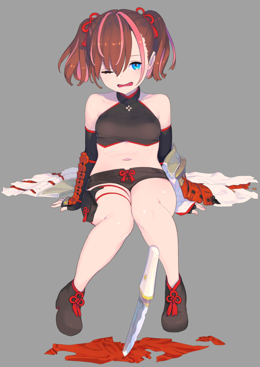 ankle_boots, armor, black_bra, black_footwear, black_shorts, blue_eyes, boots, bra, brown_hair, detached_sleeves, enkyo_yuuichirou, fingerless_gloves, fingernails, flower_knot, full_body, gloves, grey_background, hair_between_eyes, hair_ribbon, highres, japanese_armor, knees_together_feet_apart, knife, looking_at_viewer, medium_hair, micro_shorts, midriff, multicolored_hair, nail_polish, navel, official_art, one_eye_closed, open_mouth, pink_hair, pink_nails, planted, planted_knife, planted_weapon, red_ribbon, ribbon, short_shorts, short_sword, shorts, shoulder_armor, simple_background, sitting, sode, streaked_hair, sword, tantou, tenka_hyakken, torn_clothes, toushi_masamune, twintails, underwear, weapon