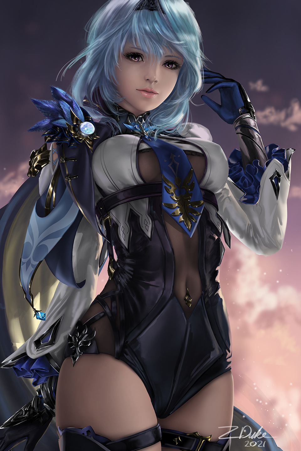 1girl, black_leotard, black_thighhighs, blue_hair, blurry, brown_eyes, cape, commentary