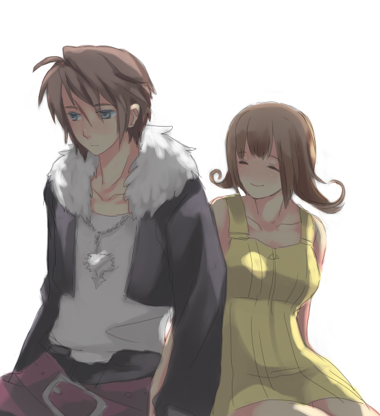 1990s_(style), 1boy, 1girl, bare_shoulders, belt, breasts, brown_hair, couple, dress, closed_eyes, final_fantasy, final_fantasy_viii, flipped_hair, gloves, green_eyes, grey_eyes, jacket, jewelry, long_hair, m_(pixiv307367), necklace, peach_rock, scar, selphie_tilmitt, shirt, short_hair, skirt, squall_leonhart, yellow_skirt